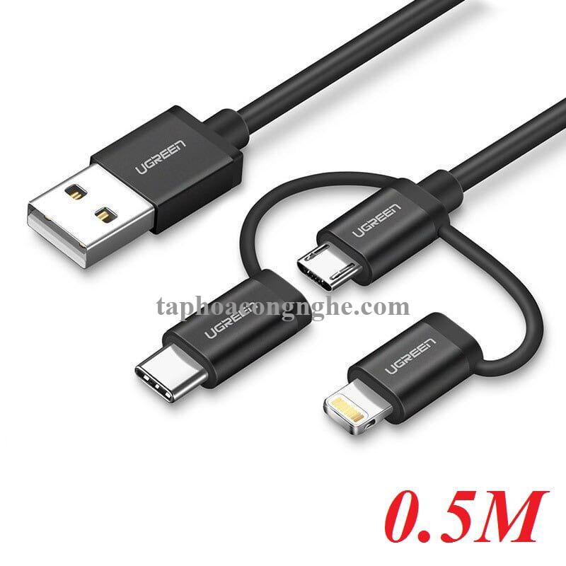Ugreen 50204 0.5M Màu Đen Cáp sạc đa năng USB sang TypeC + Micro + Lightning có Chip MFI US186 30050204